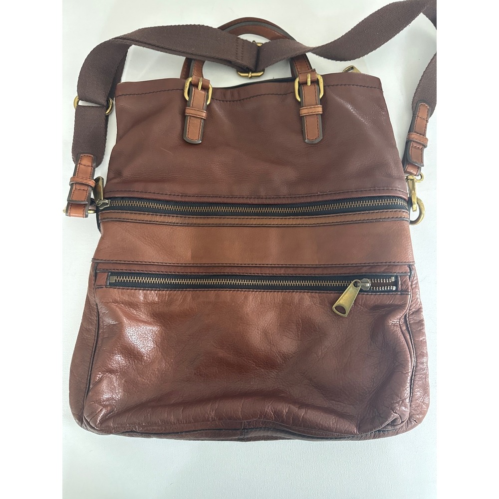 FOSSIL Explorer Brown Leather Foldover Shoulder Messenger Crossbody Bag Hobo Vtg - Picture 4 of 13